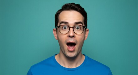 Obraz premium Astonished Man Wearing Glasses Shows Surprise Against Teal Background A perfect stock photo for websites, blogs, or marketing materials needing a surprised expression.