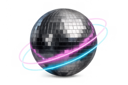 Silver disco ball spinning with pink and blue neon lights around it, perfect for party and celebration visuals on transparent background