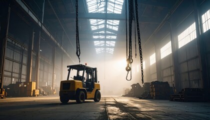 Foggy Warehouse Interior with Idle Forklift and Ambient Light Glow