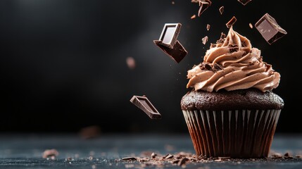 An indulgent chocolate cupcake topped with swirls of creamy frosting is playfully surrounded by flying chocolate chunks, embodying temptation and creativity in culinary art.