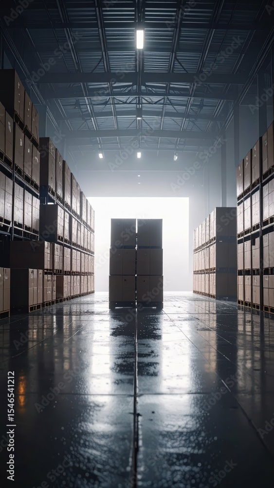 Poster foggy warehouse loading bay with stacked crates and rain reflection