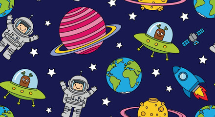Cartoon Space Pattern: Astronauts, Planets, Rockets, and UFOs on Dark Blue Background