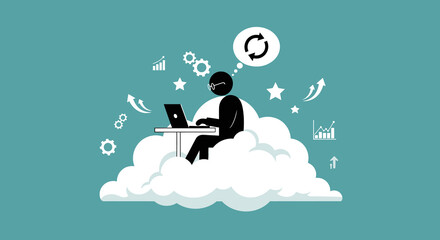 Silhouette of a person working on a laptop, seated on a cloud, surrounded by growth and innovation symbols.