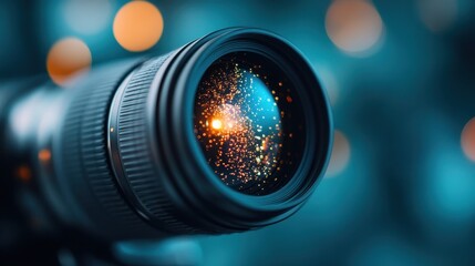 An artistic close-up of a camera lens reveals colorful bokeh effects, symbolizing the importance of photography in capturing moments and narrating stories through visuals.