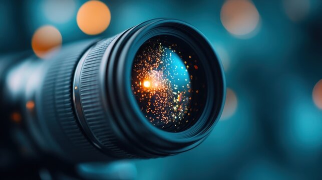 An artistic close-up of a camera lens reveals colorful bokeh effects, symbolizing the importance of photography in capturing moments and narrating stories through visuals.