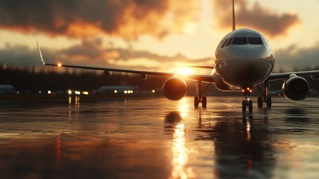 An airplane sits on a tarmac during dusk, illuminated by a sunset glow, symbolizing new adventures, travels, and the excitement of exploring distant places.