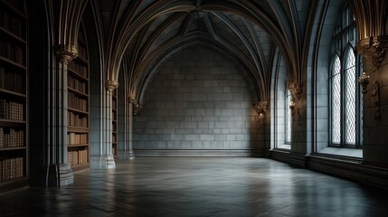 Fototapeta premium Elegant Gothic Library Interior with Arched Ceiling