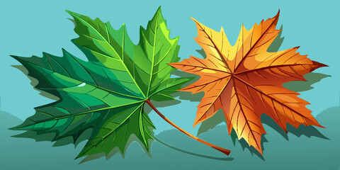 Fototapeta premium Vibrant green and autumn orange maple leaves