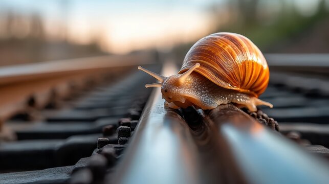 A close-up view of a snail moving slowly along rusty railway tracks, symbolizing patience and the beauty of nature amidst urban surroundings and fleeting landscapes.