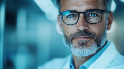 A confident male doctor with glasses and a beard gazes intently into the camera, portraying professionalism and dedication in a modern healthcare setting.