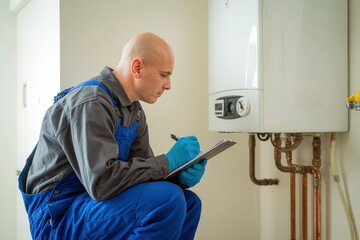 A male technician inspects a home heating boiler and takes notes on a clipboard