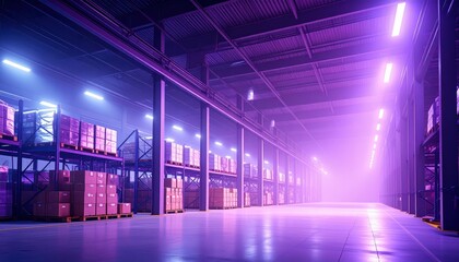 Atmospheric Warehouse Scene with Fog, Steel Beams, and Security Features