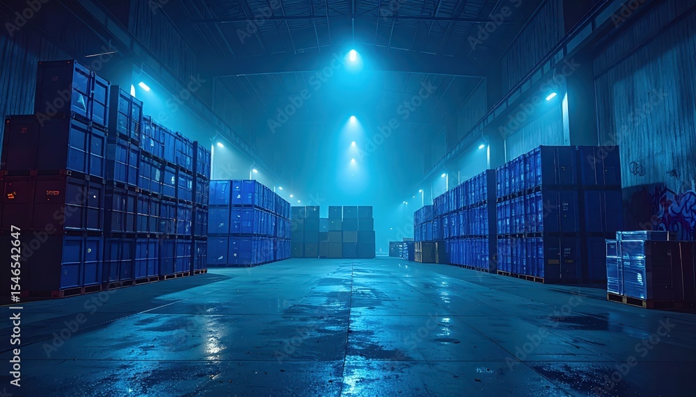 Poster mysterious foggy warehouse with stacked crates and flickering lights