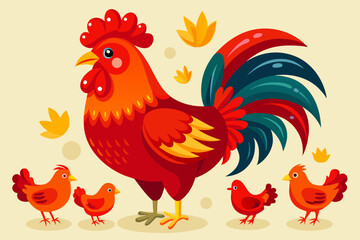 Rooster and chicks family farm illustration