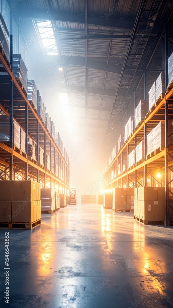 Poster foggy warehouse with stacked crates and ambient lighting effect