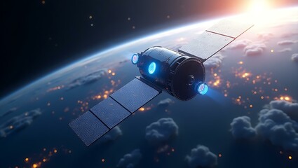 Obraz premium Futuristic satellite orbiting Earth, showcasing advanced technology with glowing lights against a cosmic background.