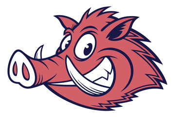 Cartoon boar with tusks shows a toothy grin in red and navy colors