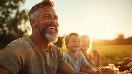 A happy family enjoys a delightful picnic together, sharing laughter and joy against the backdrop of a beautiful sunset in a serene outdoor setting.