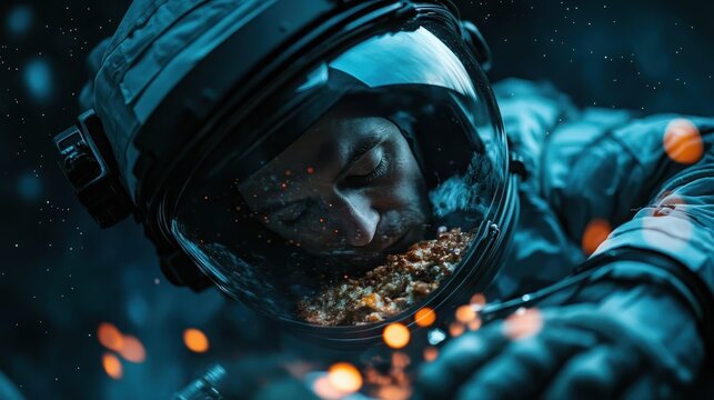 An astronaut in a spacesuit indulges in a meal while floating in space, representing the intersection of human needs and the challenges of living beyond Earth.