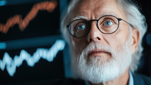 A wise elderly man gazes thoughtfully, encapsulating the beauty of intelligence and experience, set against a backdrop of stock market graphs and data.
