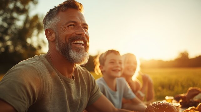 A happy family enjoys a delightful picnic together, sharing laughter and joy against the backdrop of a beautiful sunset in a serene outdoor setting. - Powered by Adobe