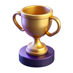 Golden trophy cup on purple base isolated on transparent background