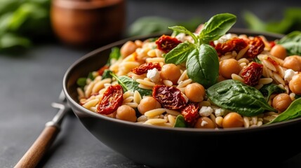 A colorful pasta salad featuring chickpeas, sun-dried tomatoes, and fresh basil sits invitingly in a bowl, showcasing vibrant ingredients and a healthy culinary choice.