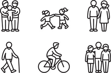 Six Black Line Art Family Icons Set depicting parents child couple kids elderly person biking vector