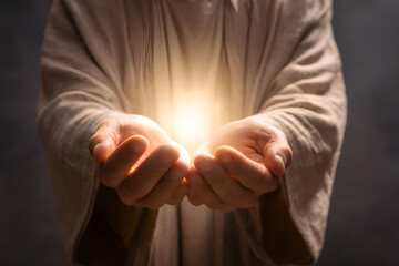 Jesus christ showing light in open hands