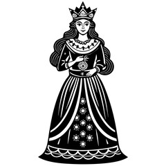 Queen with crown and long hair isolated on white background