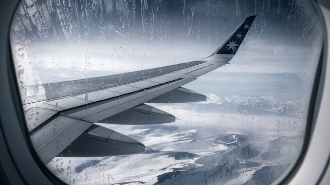 Scenic Aerial View of Snow-Capped Peaks from an Airplane Window on a Rainy Day