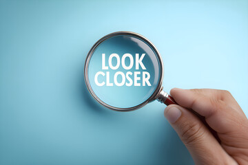 Naklejka na ściany i meble Hand holding magnifying glass showing look closer text on blue background