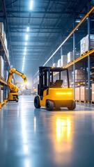 Futuristic Warehouse with Idle Forklift and Robotic Arms Illuminated