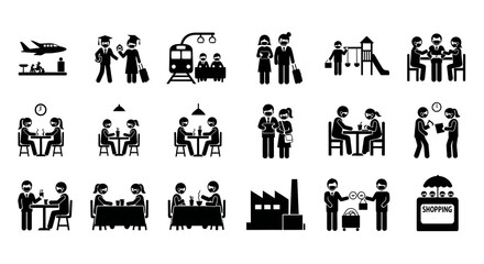 People with Masks in Various Public Settings, Maintaining Social Distancing