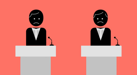 Two Black Silhouette Figures with Sad Faces at Lecterns on Salmon Background