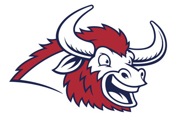 Cartoon bull face with red fur and large horns displays a joyful, open smile