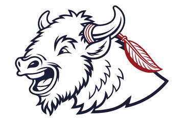 Angry bison head displays traditional feather detail in navy and red hues
