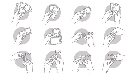 Obraz premium Hand Gestures Illustrating Money Handling, from Bills to Coins