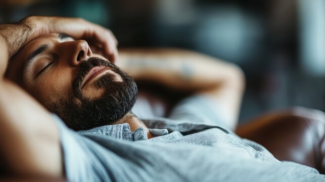 A serene image of a man resting with a peaceful expression while lying on a couch, capturing tranquility and relaxation in a homely environment.