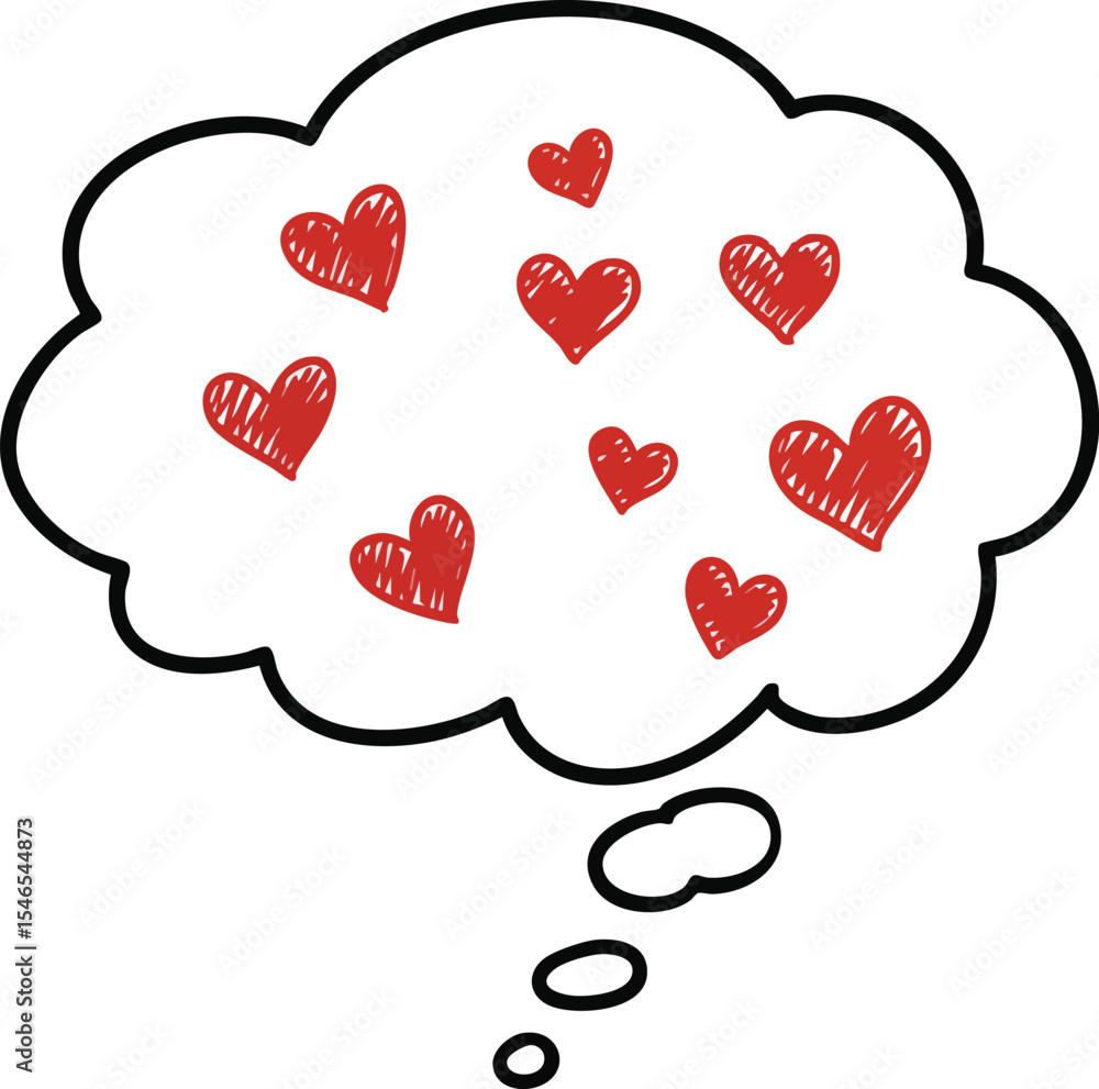 Poster thought bubble with red hand-drawn hearts symbolizing love and affection in simple sketch style