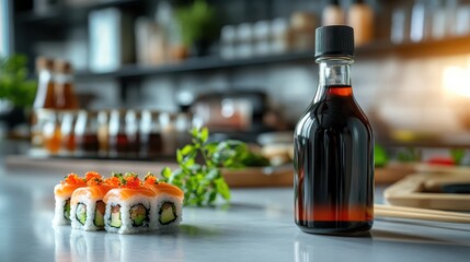 A gourmet display of sushi rolls accompanied by a bottle of soy sauce, presenting culinary elegance and culture through vibrant colors and textures in an appealing kitchen setting.