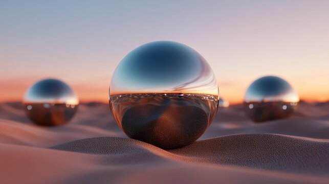 Three glass orbs resting on soft sand, reflecting the sky and surroundings, conveying themes of tranquility, introspection, and the beauty of nature through artistic representation.