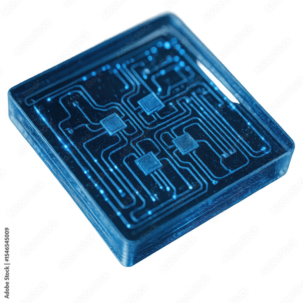 Poster Futuristic Microchip with Intricate Circuit Design Illuminated in Blue
