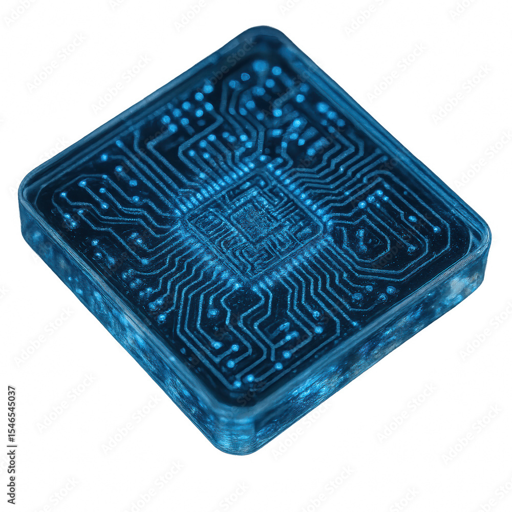 Poster futuristic blue circuit board chip with intricate design and glowing elements