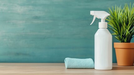 A clean and minimalist scene featuring a white spray bottle, a soft cloth, and a vibrant green potted plant against a textured turquoise background, perfect for home cleaning and organization themes.