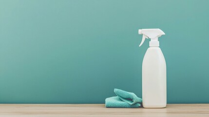 A minimalistic scene featuring a white spray bottle and a teal cleaning cloth against a soft teal wall, representing home cleanliness and organization in a modern setting.