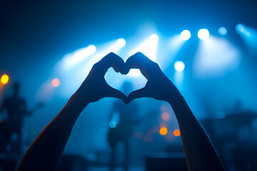 Fan showing love at concert with heart shaped hands