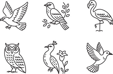 Fototapeta premium Seven Black Line Art Bird Icons Set Eagle Owl Dove Flamingo Peacock Bird Branch birds