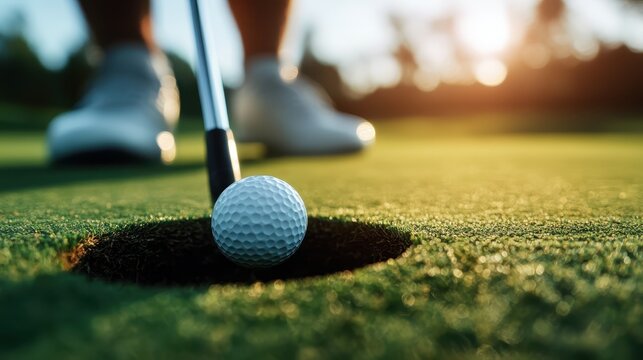 A close-up view of a golf ball poised near the hole on a lush green golf course, enhancing the anticipation of a successful putt amidst sunlight and nature's beauty.