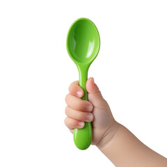 Child's Hand Holding Green Spoon Isolated on White